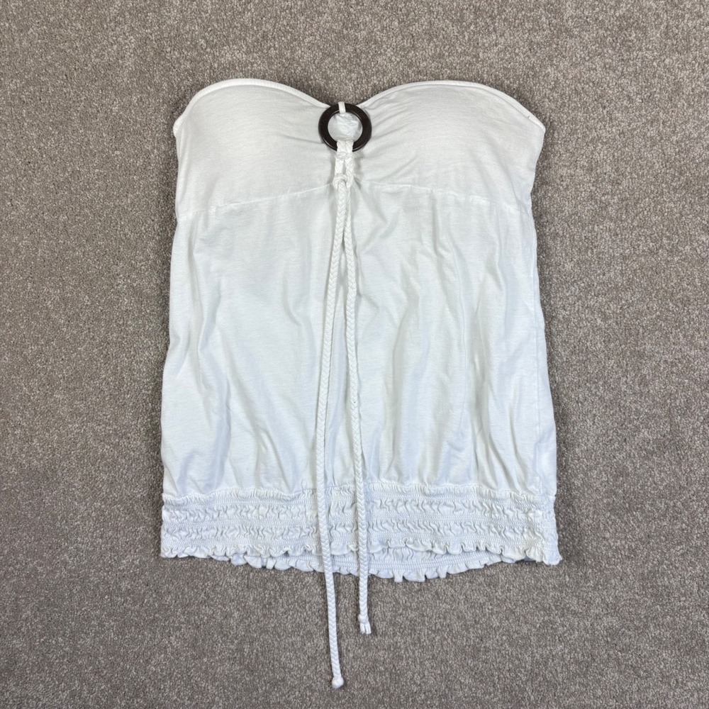 L.E.I. White Strapless Tube Top XL Y2K Boho Ring Detail Braided Tassel Smocked